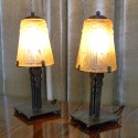 Fabulous pair of Geometric Mueller pink glass and iron desk lamps!