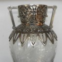 Very unique etched glass vase with sun-god metal work jardiniere