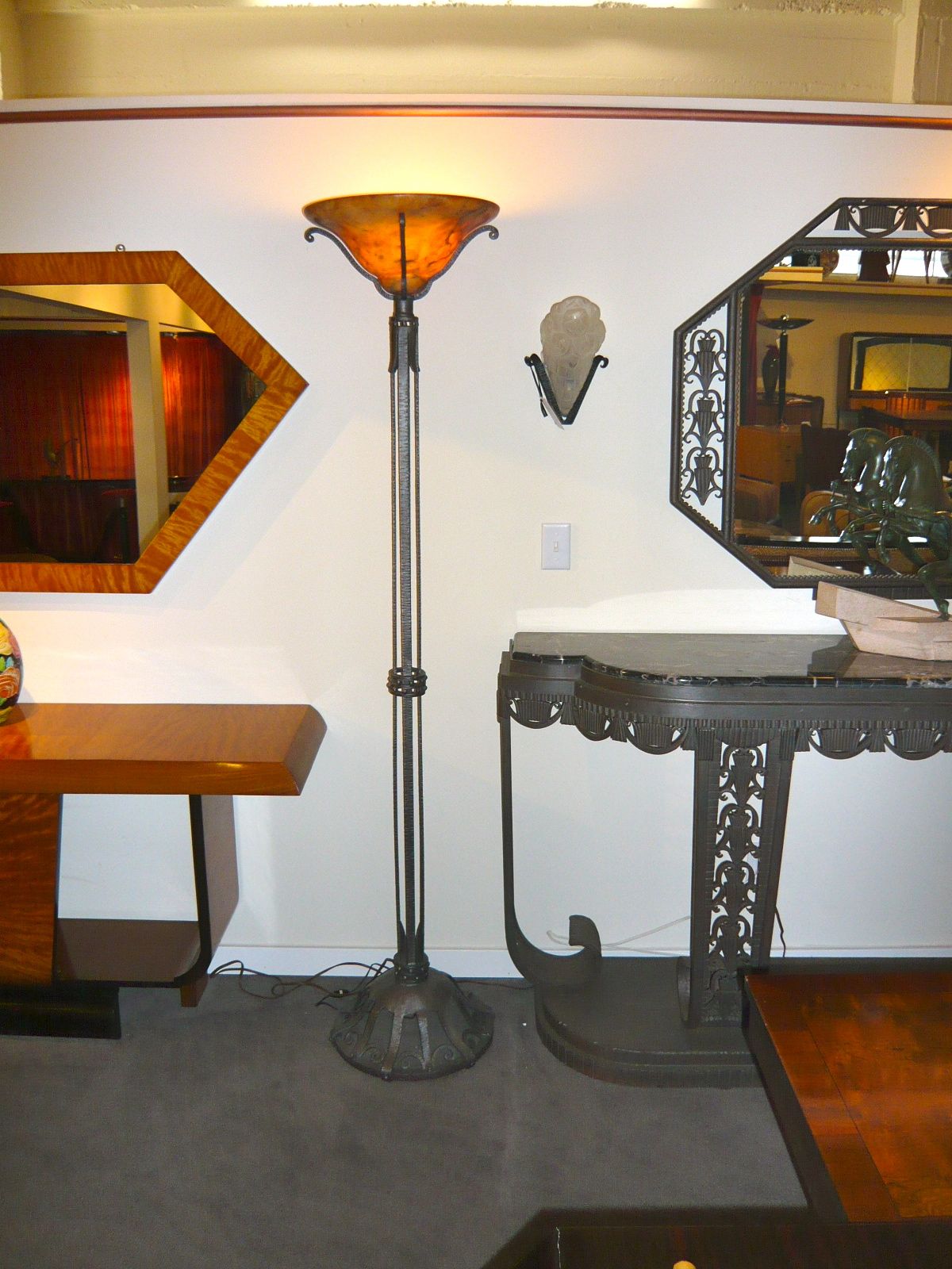 Spectacular Pair of Art Deco Iron & Alabaster Torchieres Floor Lamps