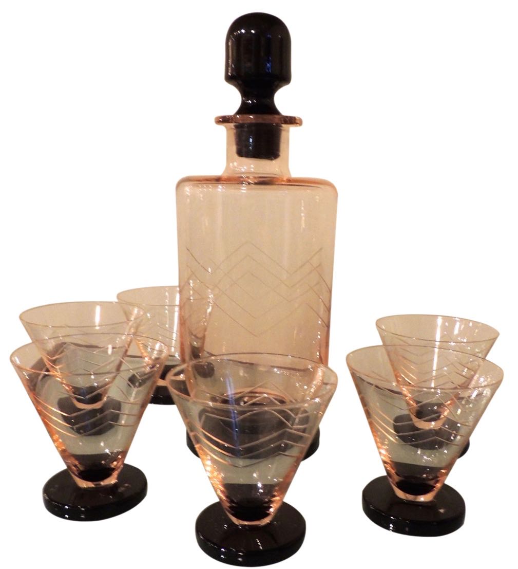 Rose and Black  Art Deco Etched Glass Decanter, Glasses