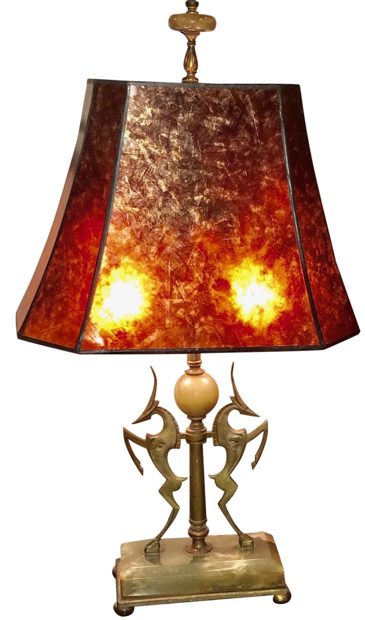 Art Deco Wilhelm Hunt Diederich Bronze & Onyx Gazelle Table Lamp
