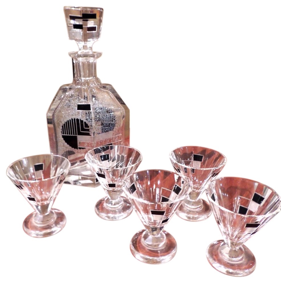 Art Deco Wine Liqueur or Cocktail Glasses Set of Six Cut and Etched PB c  1920