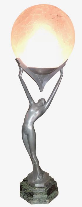 Frankart Statue Lamp Nude Silver Original Pristine 10 Inch Crackle  Glass Globe