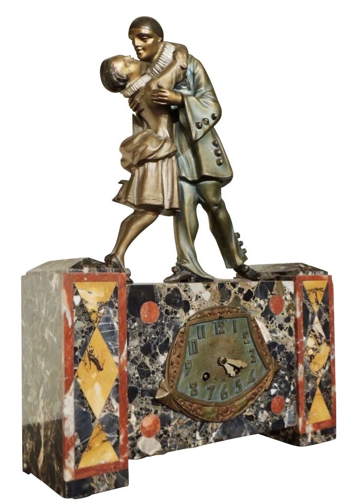 Pierrot French Art Deco Sculpture Clock on Marble  Base
