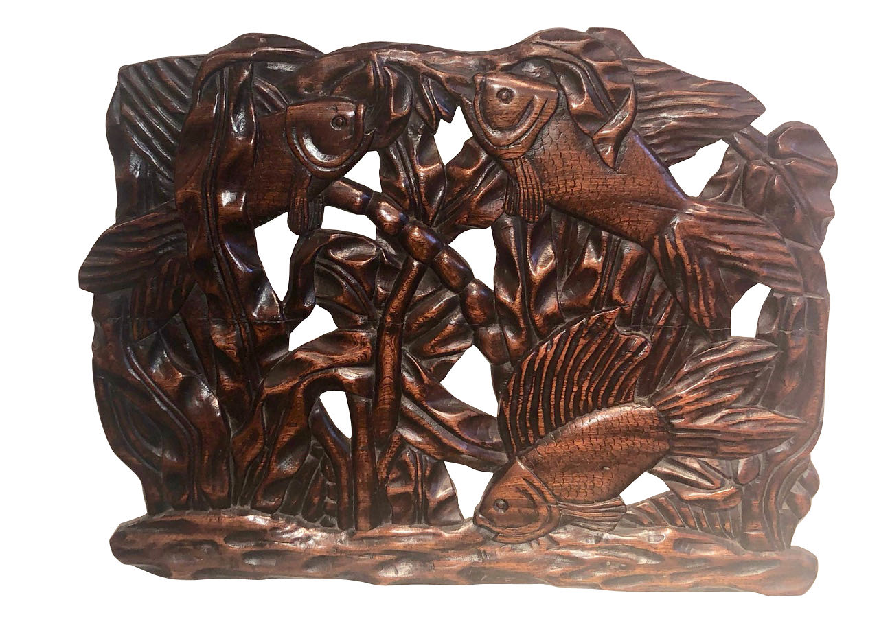 Fish Themed Wood Carved Art Deco Sculpture