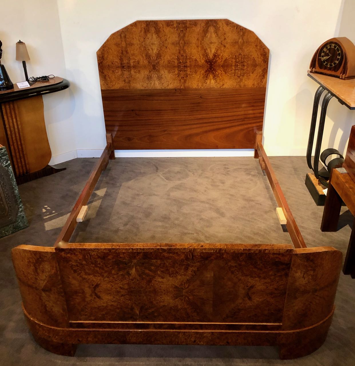 French Art Deco Queen Size Bed European Burl Walnut Sold