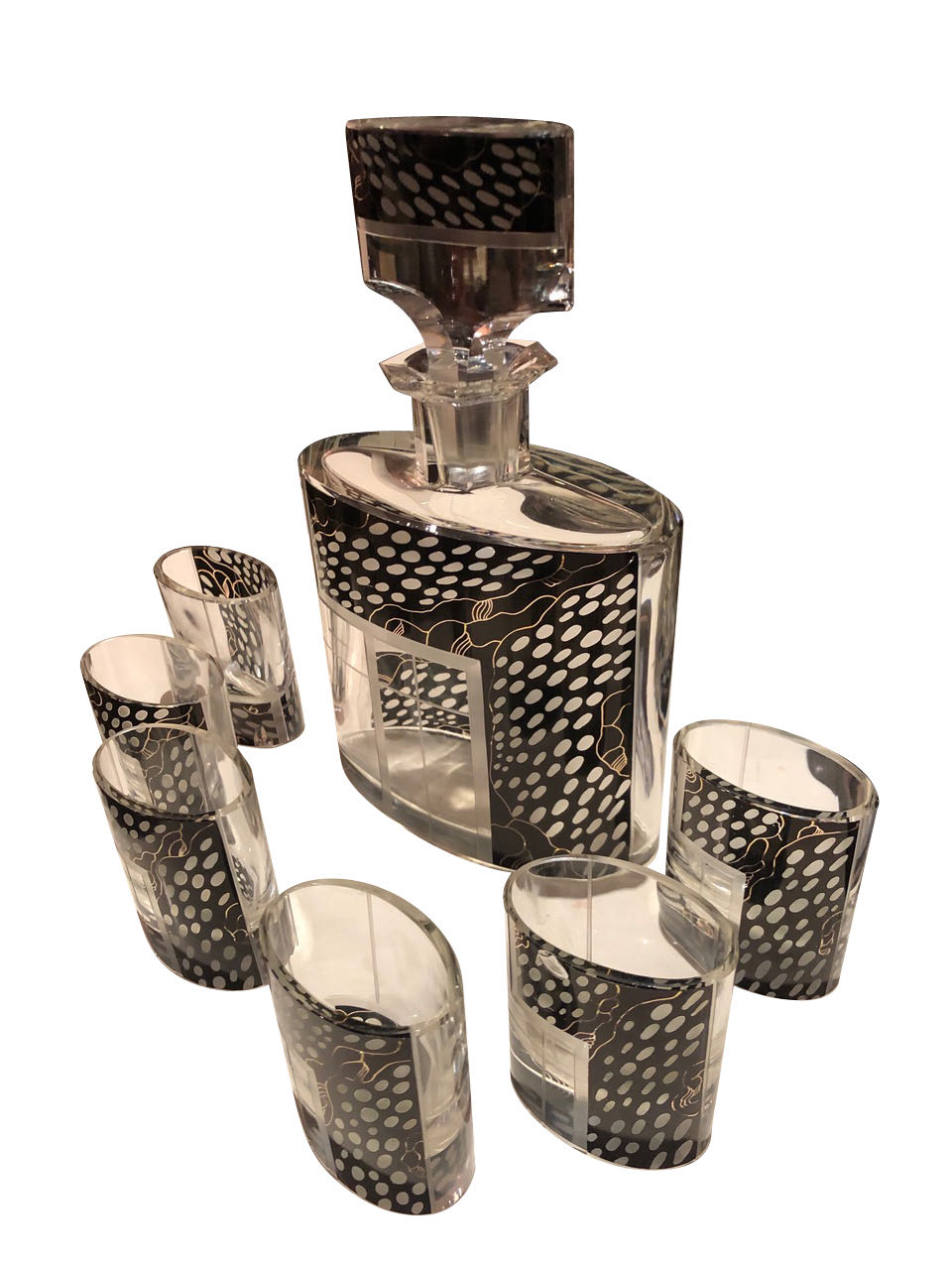 Art Deco Czech Decanter Glasses with Leopard Black Designs