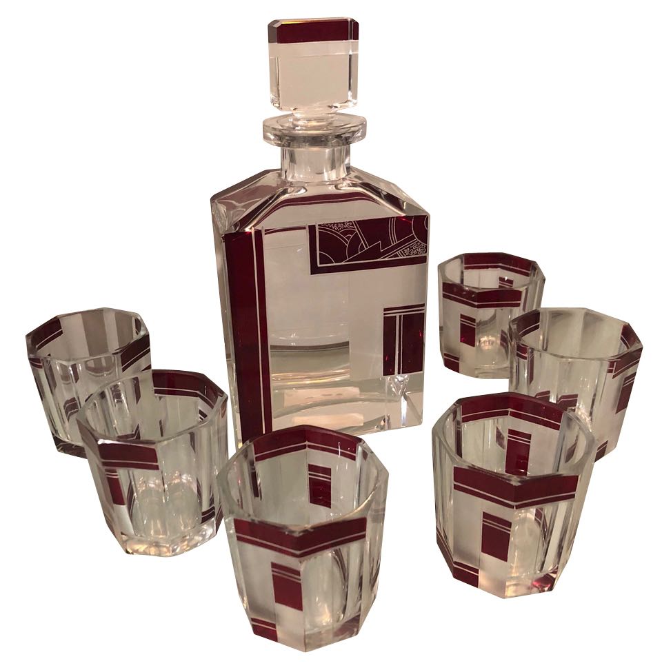 Czech Art Deco Whiskey Glass Decanter Set