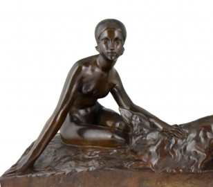 Georges Coste Art Deco Bronze of Woman with Borzoi