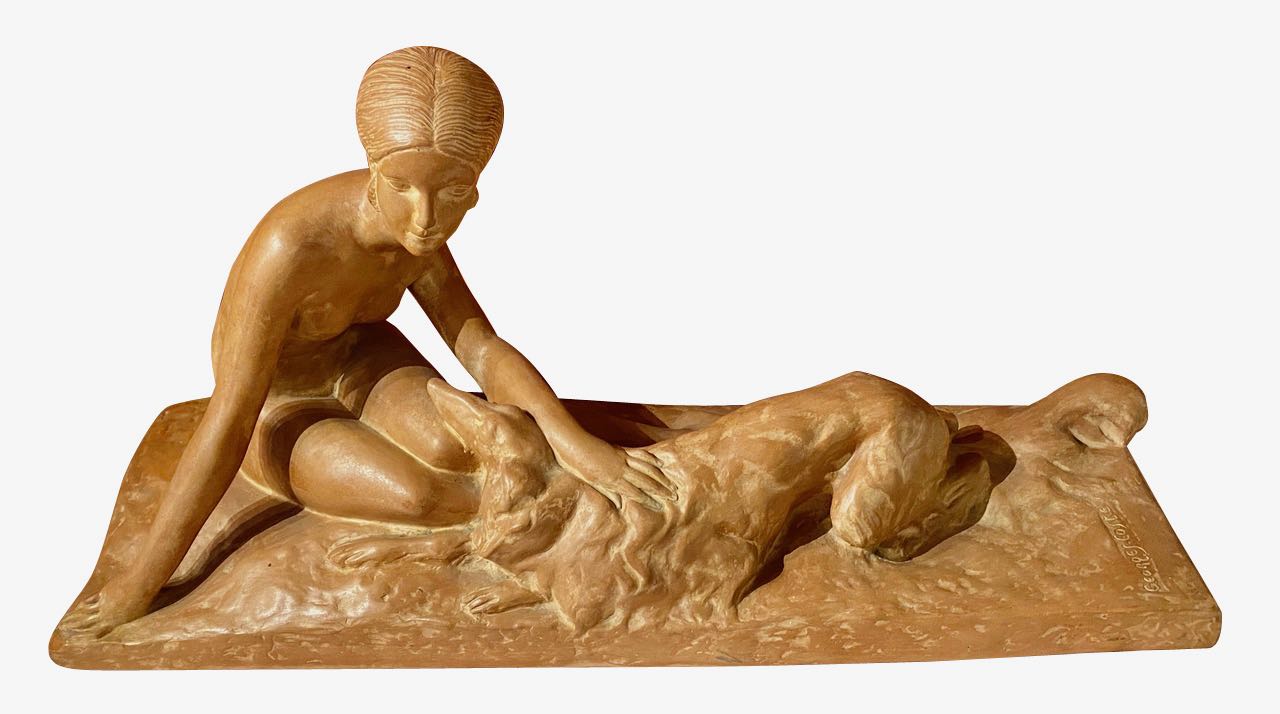 Georges Coste Art Deco Terracotta of Woman with Borzoi