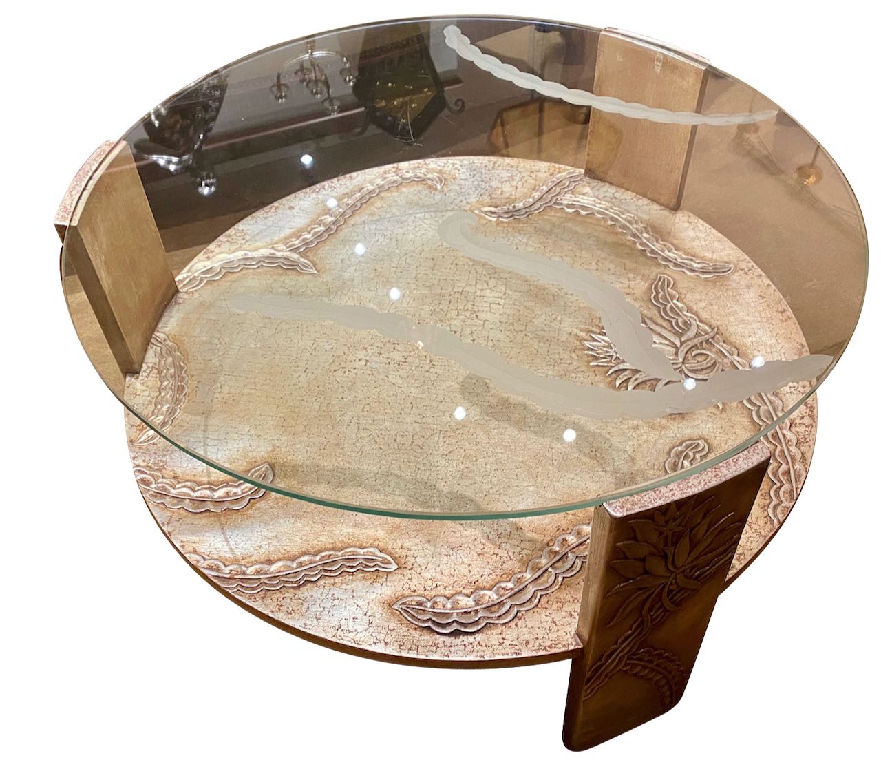 Sandblasted Glass Top Art Deco Coffee Table Silvered Wood Base