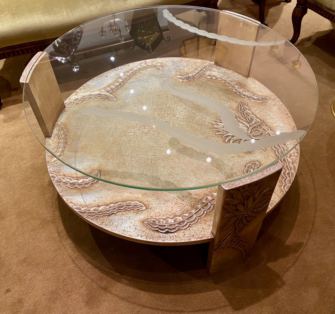 Sandblasted Glass Top Art Deco Coffee Table Silvered Wood Base | Small