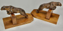 Art Deco Metal Spotted Leopard Bookends on Wood Base