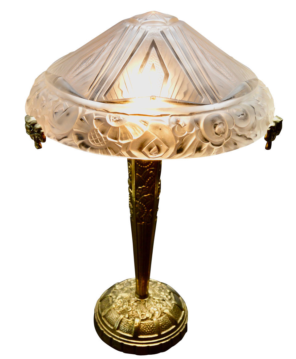 Art Deco French Bronze Gilded Table Lamp and Glass Shade by Ollier