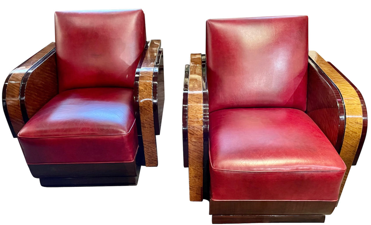 Modernist French Wood & Leather Club Chairs