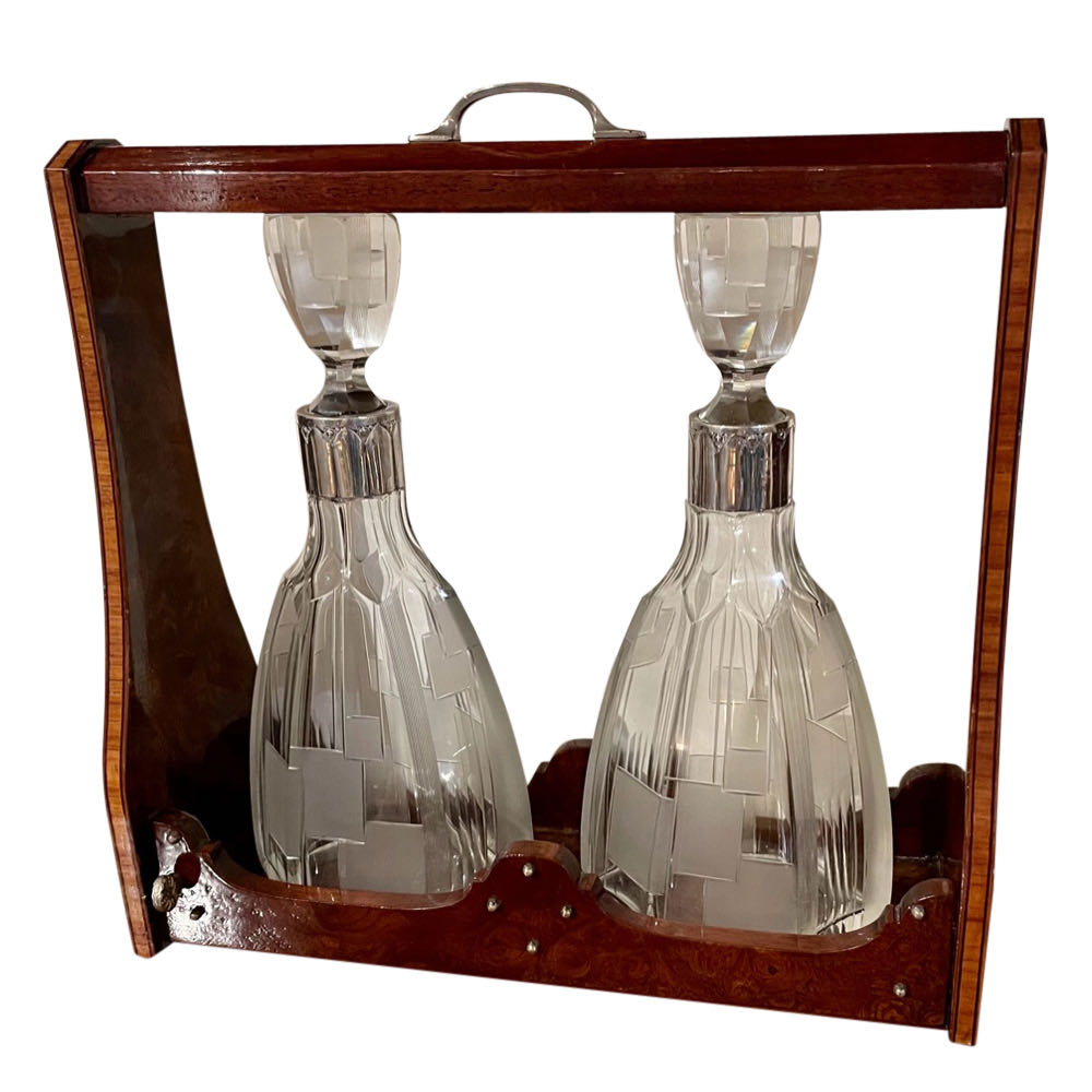 Art Deco Tantalus Set with 2 Geometric Etched Bottles