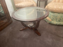 Art Deco French Round Wood Coffee Table with Glass Top