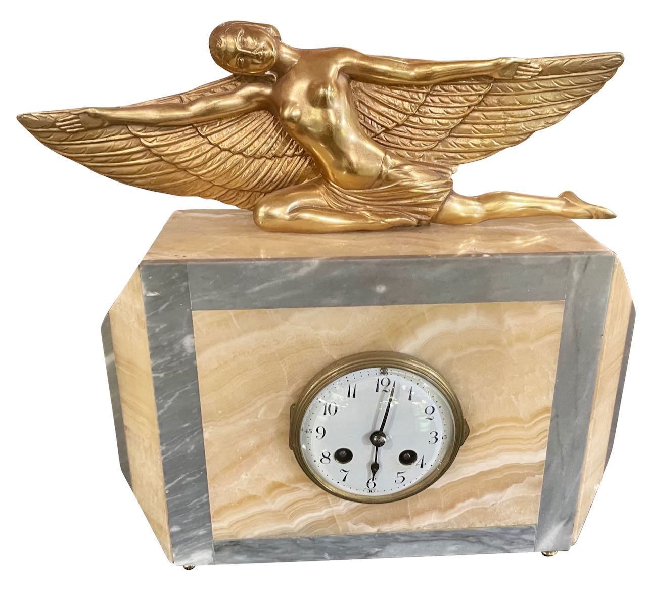Lady Icarus Gilded Art Deco Statue Adorns Marble French Clock