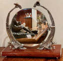 Art Deco Mirror with Eagle Sculpture Supports on Wooden Base