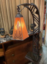 Art Deco Iron and Marble Floor Lamp with Orange Glass Shade
