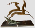 Bronze Art Deco Pair of Leaping Gazelle on Marble Base
