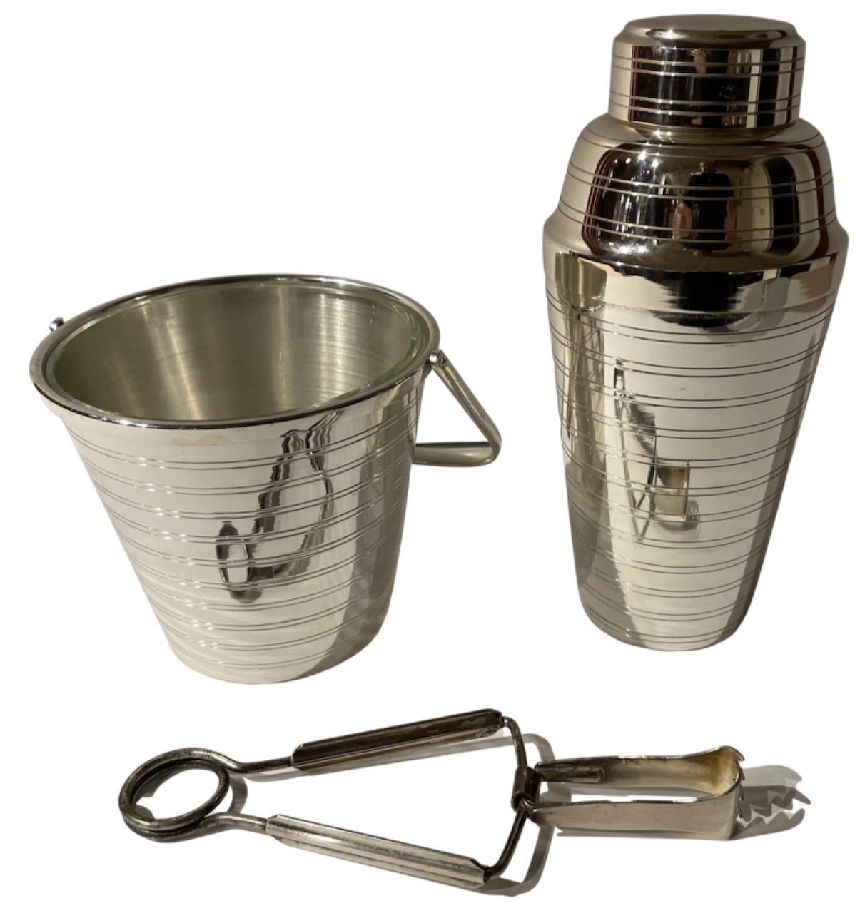 French Art Deco Cocktail Shaker Matching Ice Bucket and Tongs