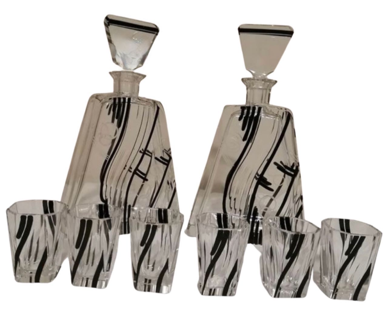 Art Deco Decanter Set Two Matching Decanters Six Glasses in Style of Karl Palda