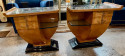 Matching Pair of End Tables Honey Blonde Wood with Vitrolite Glass Tops