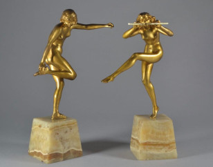 Pierre Le Faguays Gilded Bronze Sculptures Pair Dancers French Art Deco