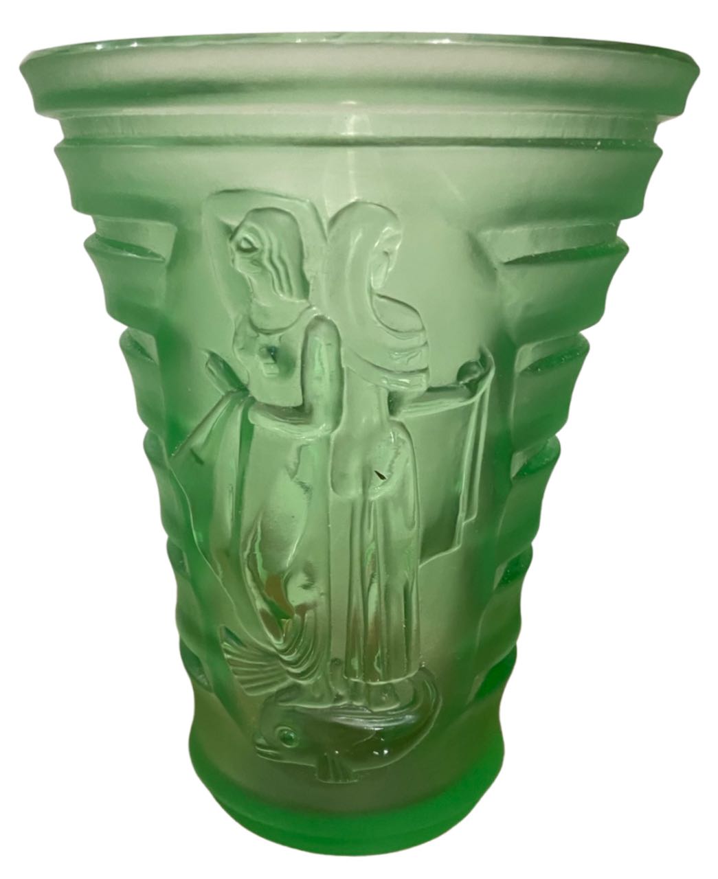 Art Deco Carved Green Glass Vase with Woman & Birds