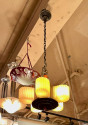 Art Deco Chandelier with Bakelite and Faceted Slip Shade Glass 3 Matching