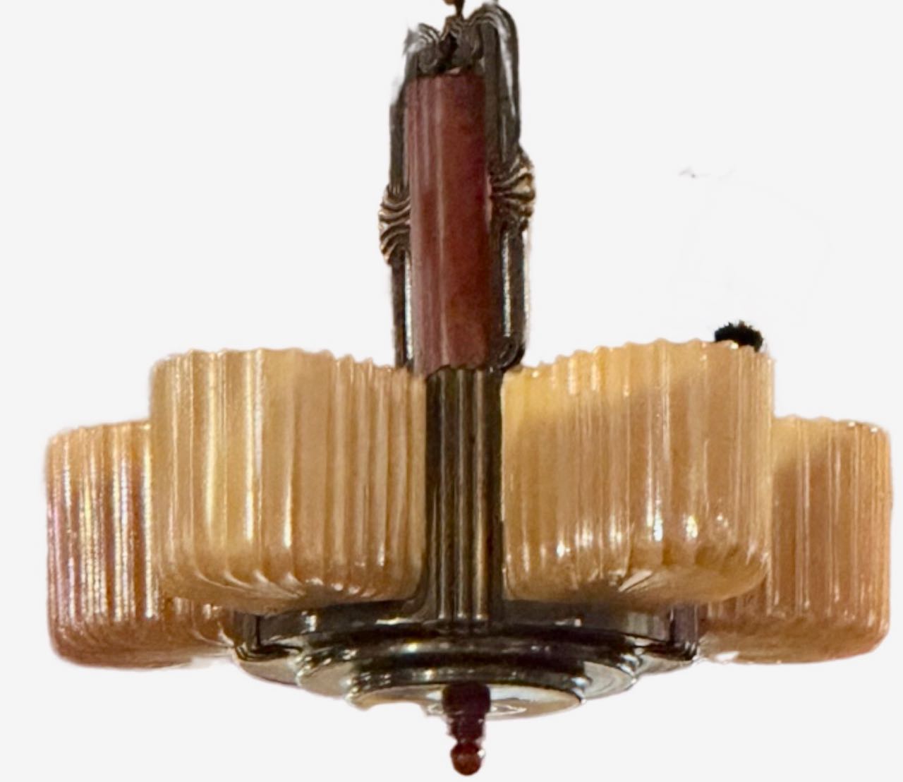 Art Deco Chandelier with Bakelite and Faceted Slip Shade Glass 3 Matching