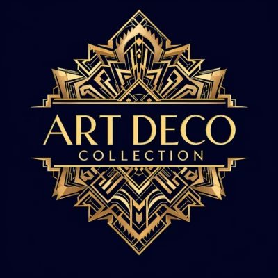 Golden Art Deco Collection emblem with intricate geometric design on a dark blue background