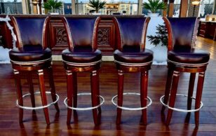 Custom Art Deco Style Bar Stools in Solid Wood and Hand Finished Leather