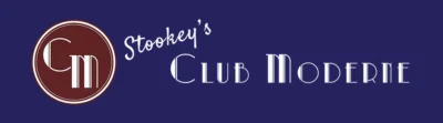 Logo of Stookey's Club Moderne with stylized text and a circular emblem on a dark blue background.