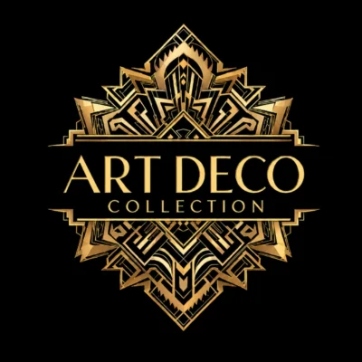 Golden Art Deco geometric emblem with the text 'Art Deco Collection' on a black background