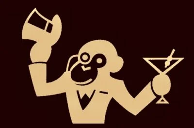 Stylized illustration of a monkey wearing a bow tie and holding a cocktail shaker in one hand and a martini glass in the other.