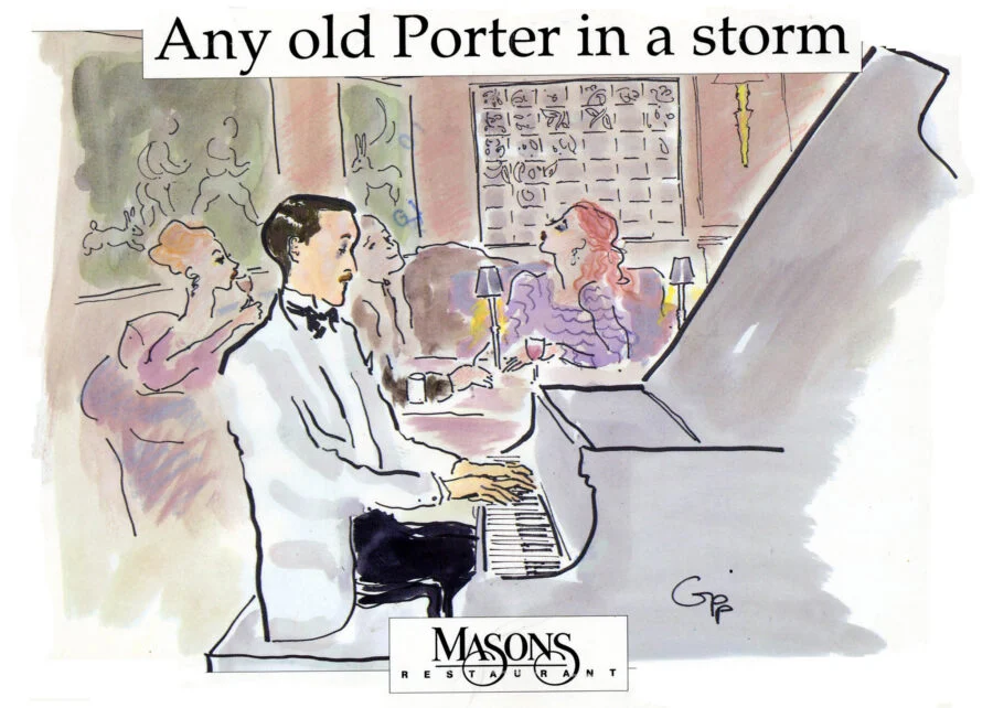 Illustration of a man playing piano in a restaurant with three women seated nearby, one drinking and another looking towards the piano.