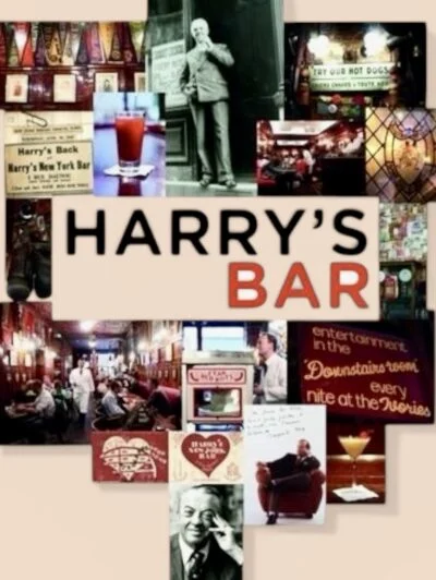 Collage of images and memorabilia from Harry's Bar including drinks, interior scenes, signage, and historical photos.