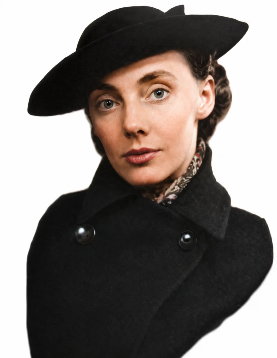 Portrait of a woman in vintage black coat and hat