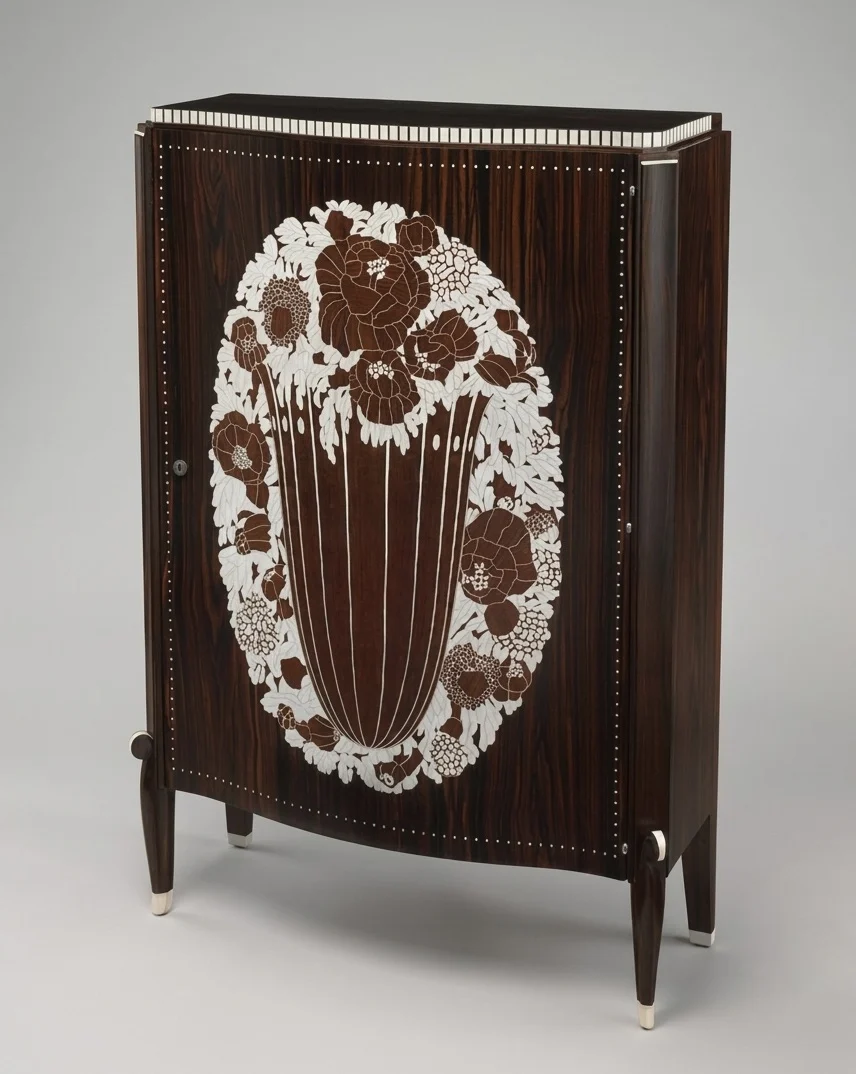 Dark wood cabinet with a floral inlay design on the front panel.