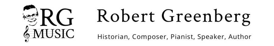 Logo with a stylized face next to letters RG and the word MUSIC underlined, with text Robert Greenberg and descriptors Historian, Composer, Pianist, Speaker, Author.