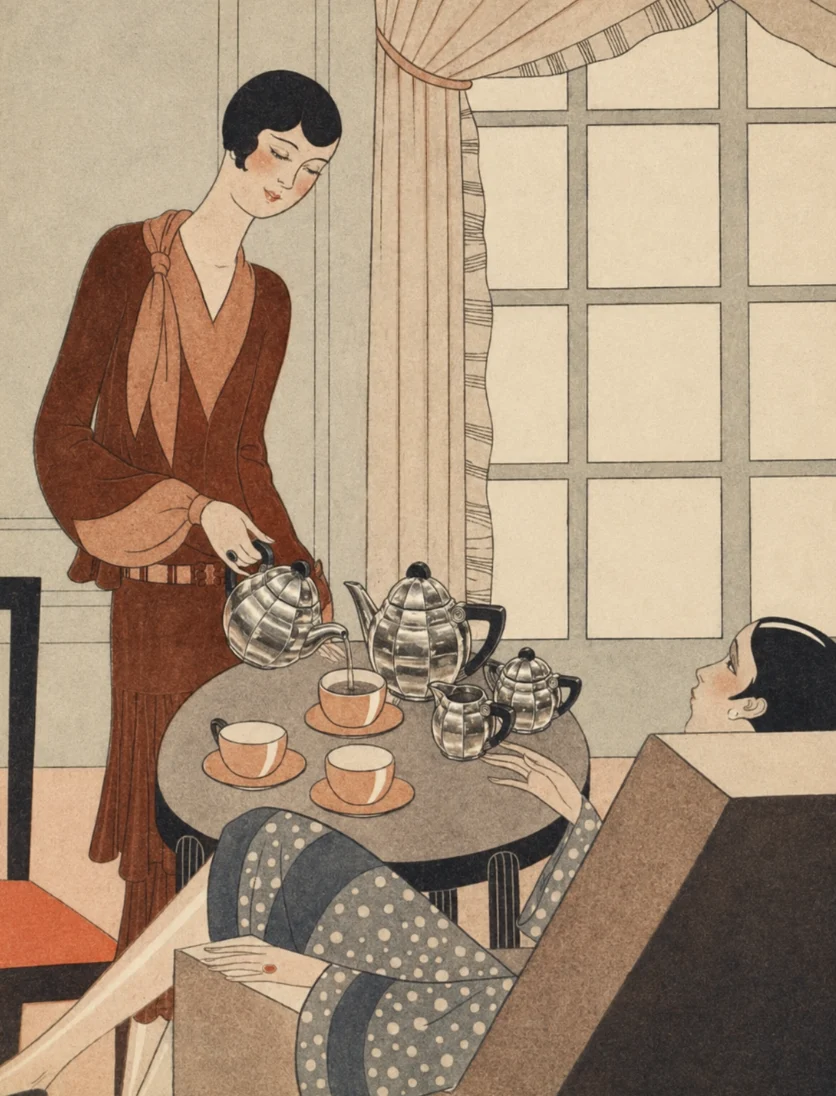 Illustration of a woman in a brown dress pouring tea from a silver teapot into a cup on a table, while another woman reclines on a chair nearby, dressed in patterned clothing.