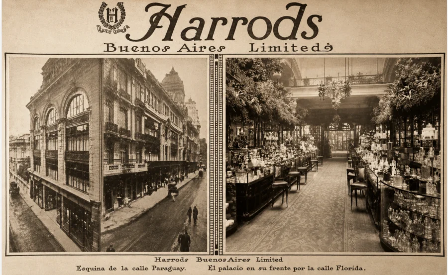Vintage sepia-toned photograph showing the Harrods Buenos Aires Limited building exterior and interior showcasing a perfume display area.