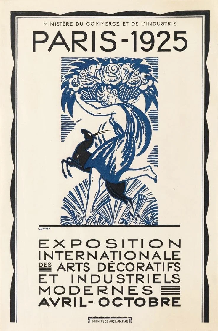 Vintage poster for Paris 1925 International Exhibition of Modern Decorative and Industrial Arts featuring a stylized figure holding floral bouquet and a deer, in blue and black.
