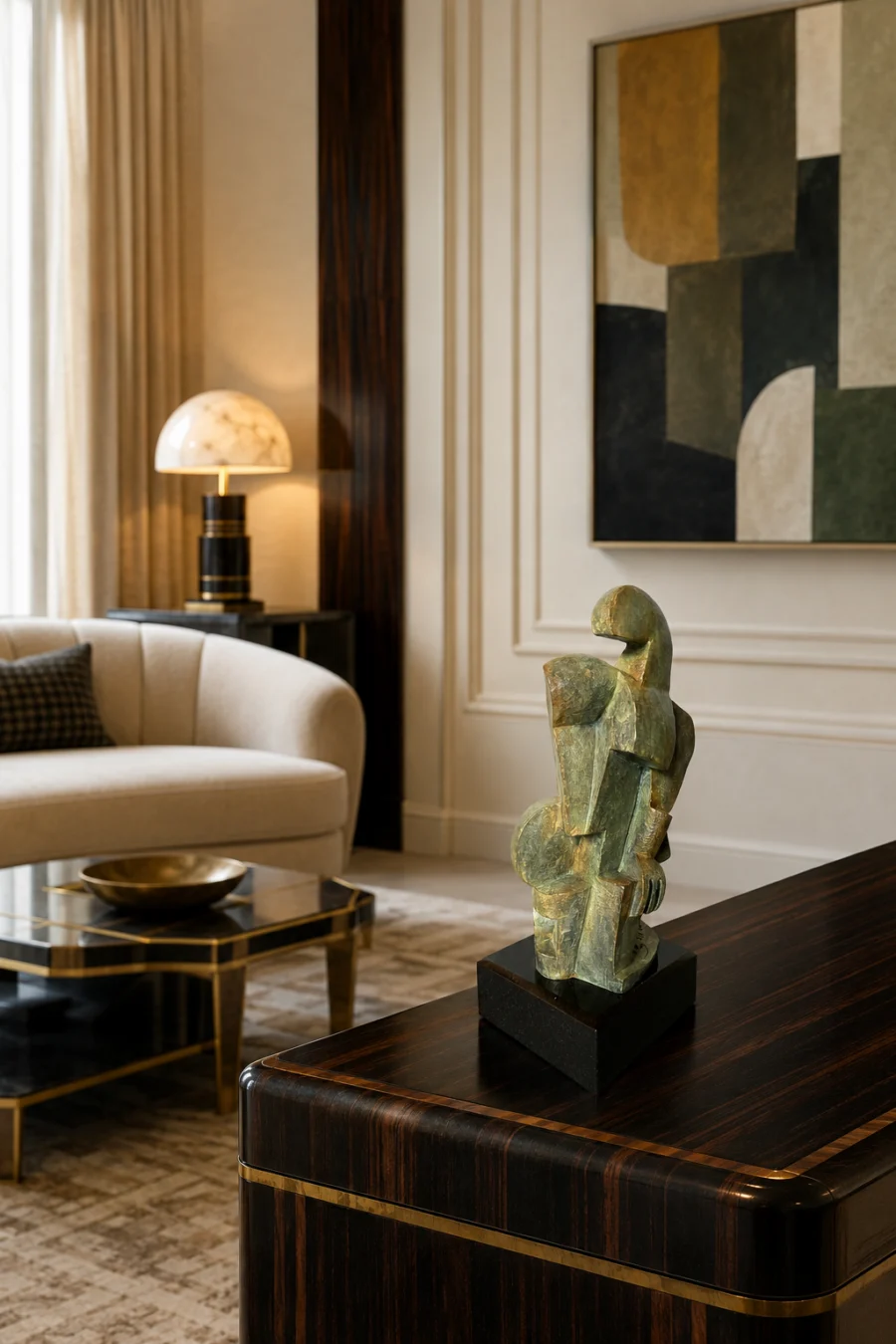 Modern living room with abstract green sculpture on dark wood console