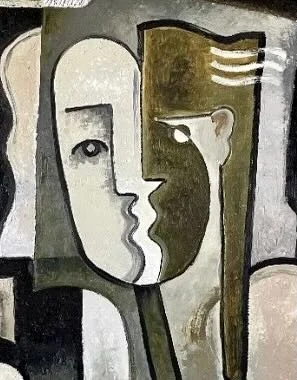 Abstract cubist-style painting of two overlapping human faces in neutral tones