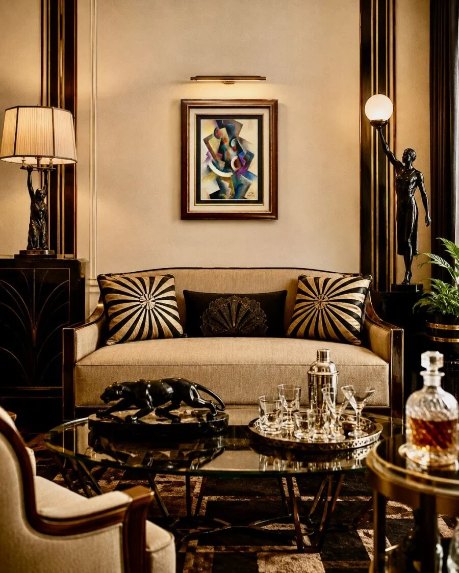 Art Deco style living room with beige sofa, patterned pillows, glass coffee table, and modern abstract painting on the wall