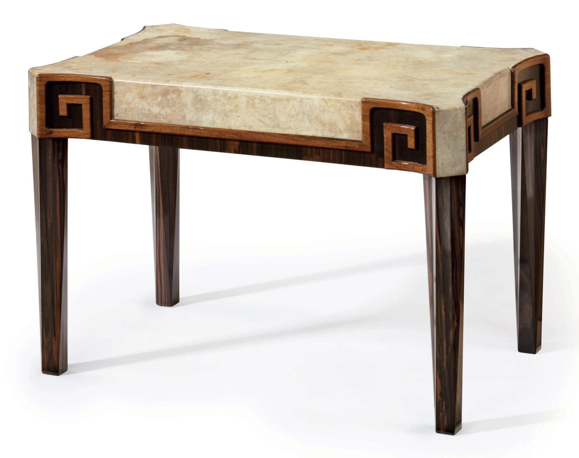 Art Deco style wooden table with cream stone top and geometric corner details