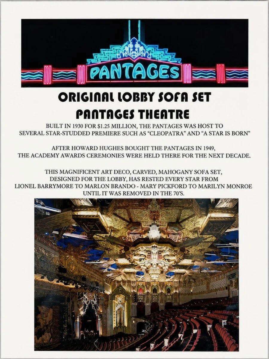 Informational poster about the original lobby sofa set at the Pantages Theatre, featuring the neon Pantages marquee and a photo of the ornate art deco theater interior